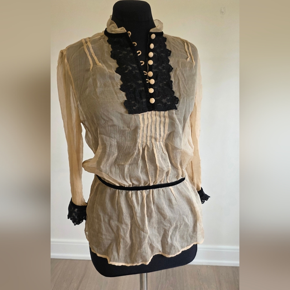 Massimo Dutti Silk Sheer Cream 3/4 Sleeve Blouse With Black Velvet Lace S